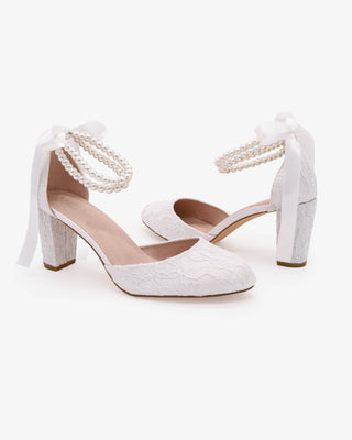 White Lace Wedding Block Heel with Double Pearls Ankle Strap