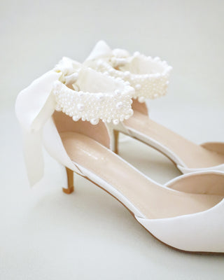 Ivory Satin Pointy Toe Wedding Low Heels with perla applique strap