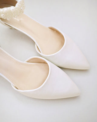 Ivory Satin Pointy Toe Wedding Low Heels with perla applique strap