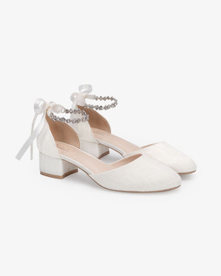 Lace Round Toe Low Block Heel Wedding Shoes with Amaryllis Strap