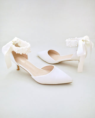 Ivory Satin Pointy Toe Wedding Low Heels with perla applique strap