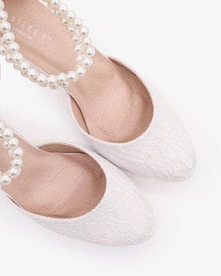 White Lace Wedding Block Heel with Double Pearls Ankle Strap