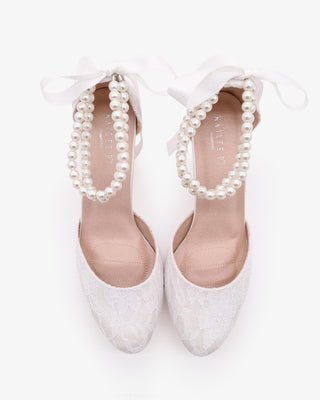White Lace Wedding Block Heel with Double Pearls Ankle Strap