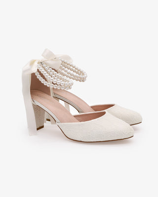 Ivory Lace Wedding Block Heel with Double Pearls Ankle Strap