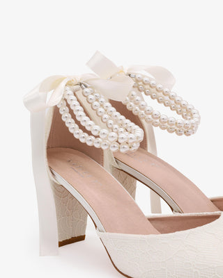 Ivory Lace Wedding Block Heel with Double Pearls Ankle Strap