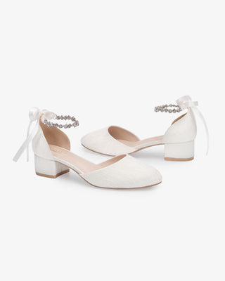 Lace Round Toe Low Block Heel Wedding Shoes with Amaryllis Strap