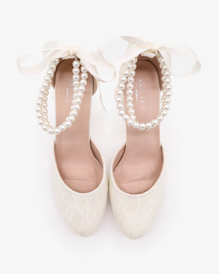 Ivory Lace Wedding Block Heel with Double Pearls Ankle Strap