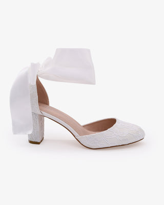 White Lace Wedding Block Heel with Wrapped Satin Ankle Tie