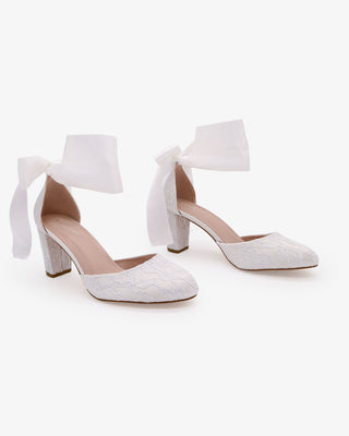 White Lace Wedding Block Heel with Wrapped Satin Tie