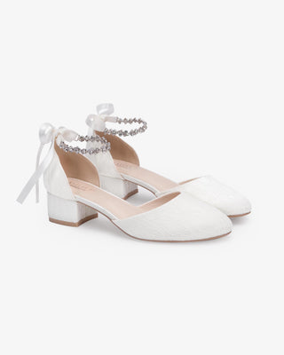 Lace Round Toe Low Block Heel Wedding Shoes with Amaryllis Strap