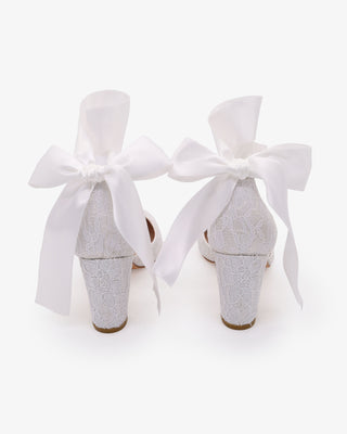 White Lace Wedding Block Heel with Wrapped Satin Ankle Tie