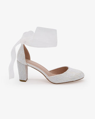 White Lace Wedding Block Heel with Wrapped Sheer Ankle Tie