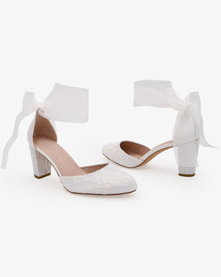White Lace Wedding Block Heel with Wrapped Sheer Ankle Tie