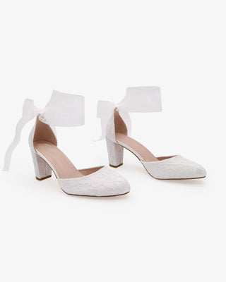 White Lace Wedding Block Heel with Wrapped Sheer Ankle Tie