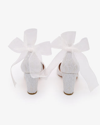 White Lace Wedding Block Heel with Wrapped Sheer Ankle Tie