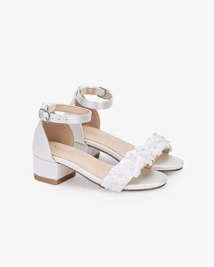 Satin Girls Block Heel Wedding Sandals with Pearls Petal