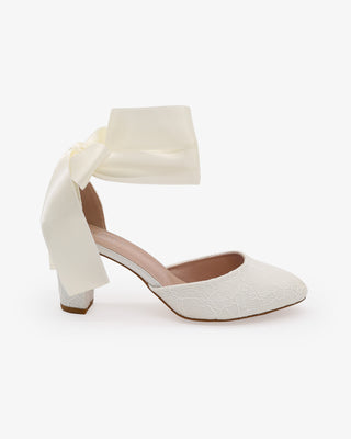 Ivory Lace Wedding Block Heel with Wrapped Satin Ankle Tie