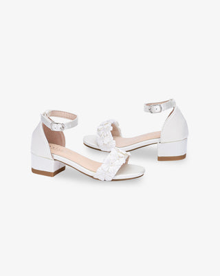 White Satin Girls Block Heel Wedding Sandals with Pearls Petal, Flower Girl Shoes