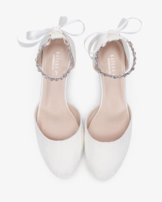 Lace Round Toe Low Block Heel Wedding Shoes with Amaryllis Strap