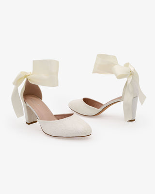 Ivory Lace Wedding Block Heel with Wrapped Satin Ankle Tie