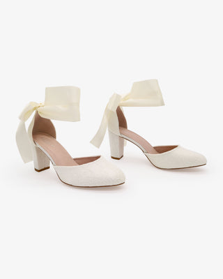 Ivory Lace Wedding Block Heel with Wrapped Satin Ankle Tie
