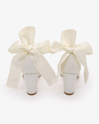 Ivory Lace Wedding Block Heel with Wrapped Satin Ankle Tie