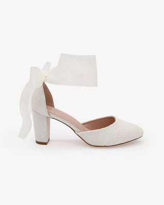 Ivory Lace Wedding Block Heel with Wrapped Sheer Ankle Tie