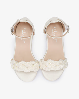 Ivory Satin Girls Block Heel Wedding Sandals with Pearls Petal, Flower Girl Shoes