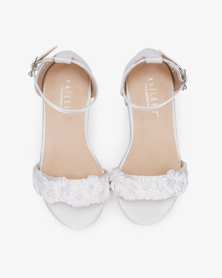 White Satin Girls Block Heel Wedding Sandals with Pearls Petal, Flower Girl Shoes