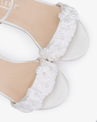 White Satin Girls Block Heel Wedding Sandals with Pearls Petal, Flower Girl Shoes