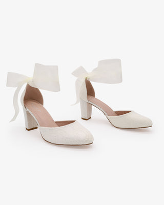 Ivory Lace Wedding Block Heel with Wrapped Sheer Ankle Tie