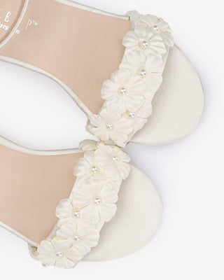 Ivory Satin Girls Block Heel Wedding Sandals with Pearls Petal, Flower Girl Shoes