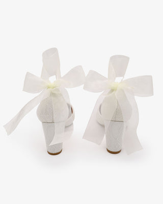 Ivory Lace Wedding Block Heel with Wrapped Sheer Ankle Tie