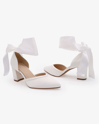 White Satin Wedding Block Heels with Wrapped Satin Ribbon Ankle Tie