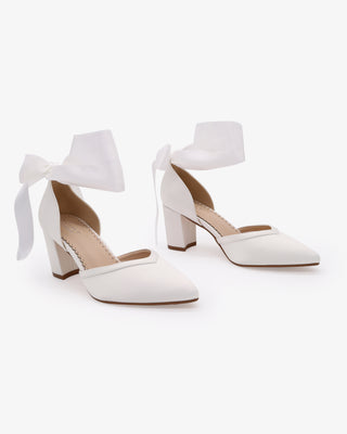 White Satin Wedding Block Heels with Wrapped Satin Ribbon Ankle Tie