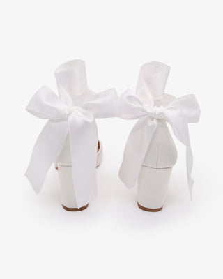White Satin Wedding Block Heels with Wrapped Satin Ribbon Ankle Tie