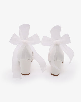White Satin Wedding Block Heels with Wrapped Sheer Ribbon Ankle Tie