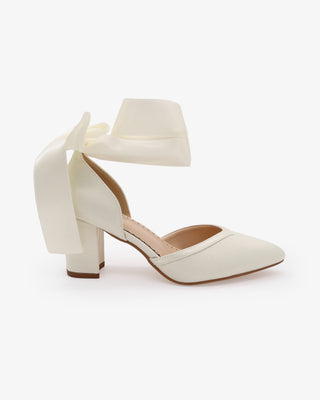 Ivory Satin Wedding Block Heels with Wrapped Satin Ribbon Ankle Tie