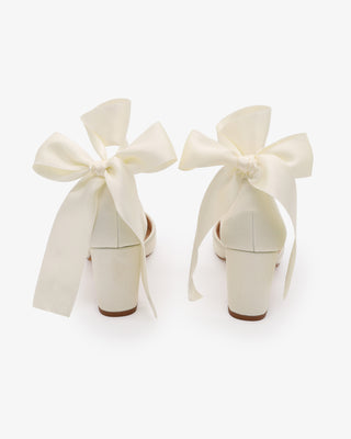 Ivory Satin Wedding Block Heels with Wrapped Satin Ribbon Ankle Tie