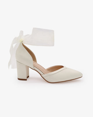 Ivory Satin Wedding Block Heels with Wrapped Sheer Ribbon Ankle Tie