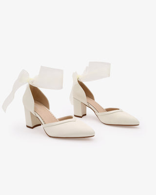 Ivory Satin Wedding Block Heels with Wrapped Sheer Ribbon Ankle Tie
