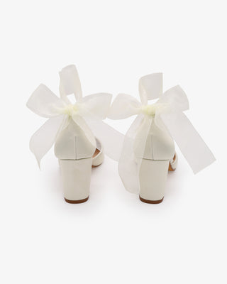 Ivory Satin Wedding Block Heels with Wrapped Sheer Ribbon Ankle Tie