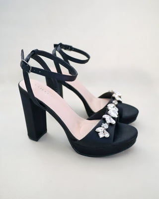 Satin Platform Block Heel Sandals with Navette Rhinestones