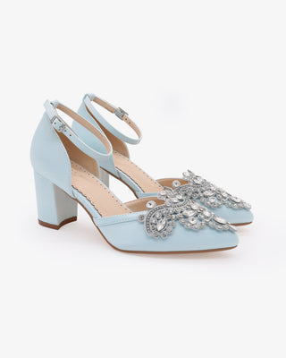 Light Blue Satin Wedding Block Heel  with Embellished Rhinestones Applique