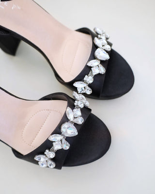 Satin Platform Block Heel Sandals with Navette Rhinestones