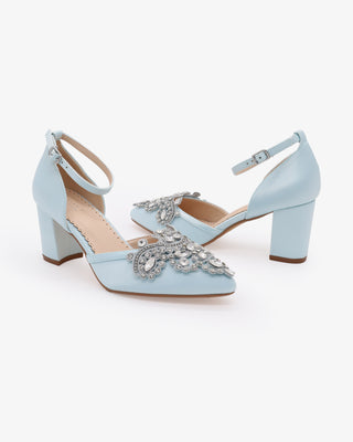 Light Blue Satin Wedding Block Heel  with Embellished Rhinestones Applique