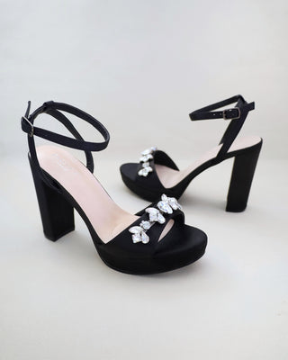Satin Platform Block Heel Sandals with Navette Rhinestones