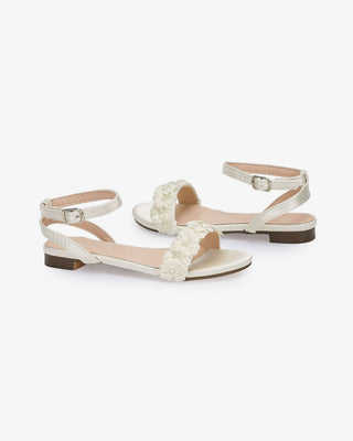 Ivory Girls Satin Flat Sandal with Pearls Petal, Flower Girls Shoes