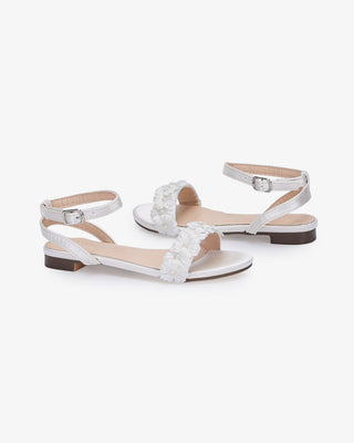 White Girls Satin Flat Sandal with Pearls Petal, Flower Girls Shoes