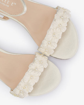Ivory Girls Satin Flat Sandal with Pearls Petal, Flower Girls Shoes